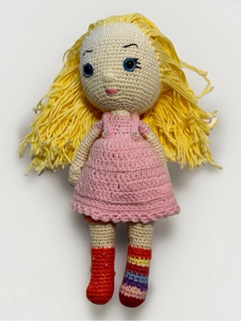 Handmade Crochet Amigurumi Doll Blonde Hair‎ Pink Dress Plush Stuffed Toy.